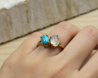 Messing Doppel Stein Ring | Türkis Mondstein Boho Statement Schmuck