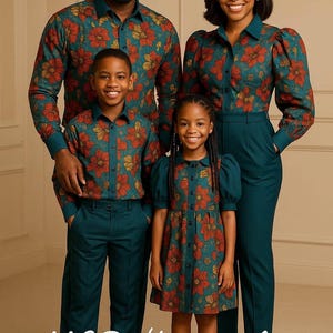 Matching African family outfits, Family cultural wear, Ankara family sets, Dad mom and kids matching clothes, Custom made African clothing.