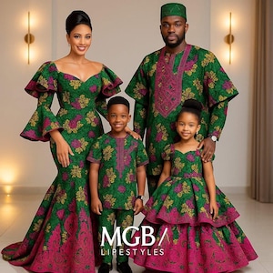 Matching African family outfits, Family cultural wear, Ankara family sets, Dad mom and kids matching clothes, Custom made African clothing.