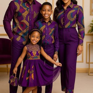 Matching African family outfits, Family cultural wear, Ankara family sets, Dad mom and kids matching clothes, Custom made African clothing.