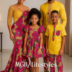 Matching African family outfits, Family cultural wear, Ankara family sets, Dad mom and kids matching clothes, Custom made African clothing.
