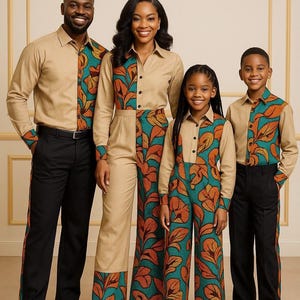 Matching African family outfits, Family cultural wear, Ankara family sets, Dad mom and kids matching clothes, Custom made African clothing.