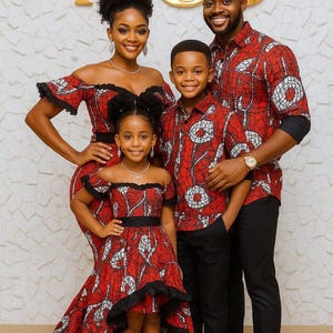 Matching African family outfits, Family cultural wear, Ankara family sets, Dad mom and kids matching clothes, Custom made African clothing.