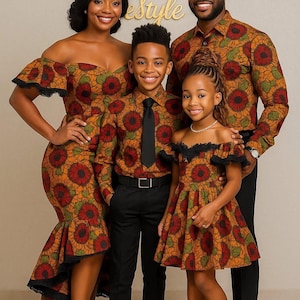 Matching African family outfits, Family cultural wear, Ankara family sets, Dad mom and kids matching clothes, Custom made African clothing.