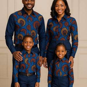 Matching African family outfits, Family cultural wear, Ankara family sets, Dad mom and kids matching clothes, Custom made African clothing.