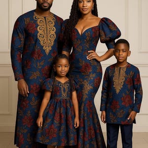Matching African family outfits, Family cultural wear, Ankara family sets, Dad mom and kids matching clothes, Custom made African clothing.