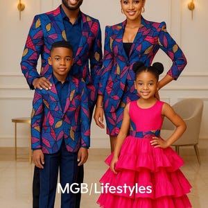 Matching African family outfits, Family cultural wear, Ankara family sets, Dad mom and kids matching clothes, Custom made African clothing.