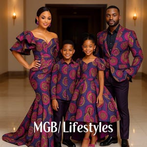 Matching African family outfits, Family cultural wear, Ankara family sets, Dad mom and kids matching clothes, Custom made African clothing.