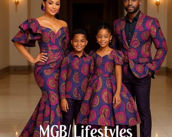 Matching African family outfits, Family cultural wear, Ankara family sets, Dad mom and kids matching clothes, Custom made African clothing.