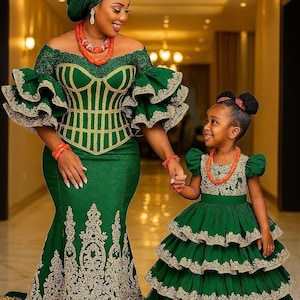 Mom and daughter matching clothes, Matching African family outfits, Family cultural wear, George lace family sets, Custom made African cloth