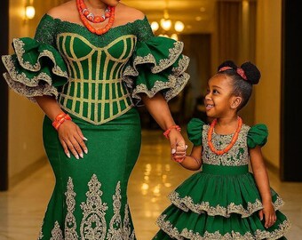 Mom and daughter matching clothes, Matching African family outfits, Family cultural wear, George lace family sets, Custom made African cloth
