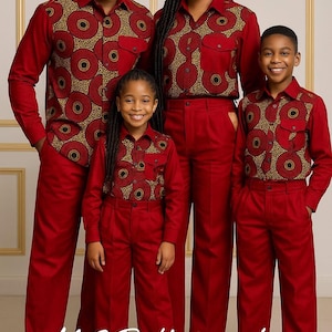 Matching African family outfits, Family cultural wear, Ankara family sets, Dad mom and kids matching clothes, Custom made African clothing.