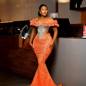 Orange Luxurious prom dinner beaded lace bridal dress,beaded corset wedding dress,prom corset reception dress, handmade bridal wedding guest