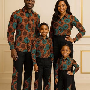 Matching African family outfits, Family cultural wear, Ankara family sets, Dad mom and kids matching clothes, Custom made African clothing.