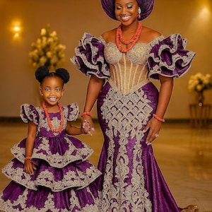 Mom and daughter matching clothes, Matching African family outfits, Family cultural wear, George lace family sets, Custom made African cloth