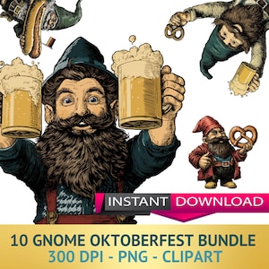 Retro Vintage Oktoberfest Wichtel PNG Bundle Lustig Deutscher Bier Wichtel Clipart Fass Brezel Wurst Tanzen Akkordeon Sublimation Design