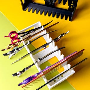 May include: A collection of professional hair styling tools, including scissors and combs, displayed in a white organizer. The scissors have various handle colors, and the combs are in different sizes and colors. A black holder is at the top.