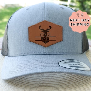 Personalized Deer Head Hat, Engraved Leather Patch Cap, Outdoorsman Gift, Hunting Buddy Cup, Birthday Present