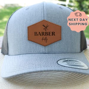 Barber Daddy Hat, Custom Leather Patch Cap, Father&#39;s Day Gift, Barber Gift, Hair Stylist Hat, Personalized Trucker Cap, Unisex Baseball Cap