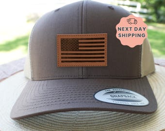 Tactical Pro Supply USA Flag Snapback Hat - Embossed Leather Patch, Patriotic Adjustable Trucker Cap, Army Tan - View #11