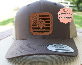 Paramedic Hat, EMS Gift, EMT Gift, Trucker Hat, Leather Patch Hat, Medical Professional Hat, First Responder Hat