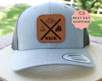 Personalized Camper Hat, Custom Outdoorsman Cap, Camping Adventure Headwear, Mountains Trees Bonfire Cup, Birthday Present For Him