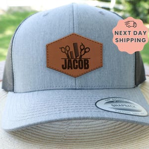 Personalized Barber Hat, Hair Stylist Gift, Custom Trucker Cap, Mens Leather Patch Hat, Birthday Present, Hairdresser Hat, Barber Supply