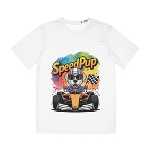 SpeedPup Racing Tee - Men's Polyester T-Shirt for Dog Lovers, Racing Fans - Bold Neo-Pop Art Tee with Cute Dog Driver Design, Rainbow Colors