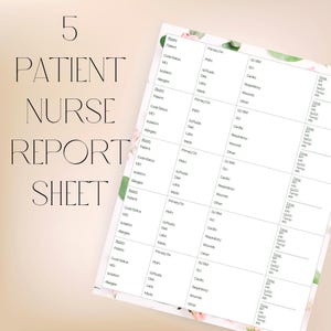 May include: Five patient nurse report sheets are displayed. The sheets are white with black text and a floral border. The text includes fields for patient information, medical history, and vital signs.