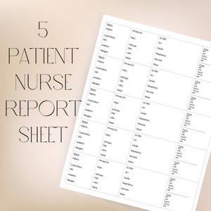 Könnte beinhalten: Ein weißes Patienten-Krankenpflege-Berichtsblatt mit dem Text "5 PATIENT NURSE REPORT SHEET" in einer stilvollen Schriftart. Das Blatt ist mit medizinischen Feldern wie "Patient", "MD" und "Allergies" gefüllt.