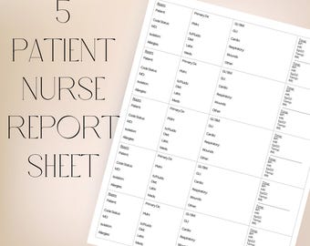Enkelt sjuksköterskerapportblad - Patientspårning Utskrivbart omvårdnadshjärnblad - 5 patienter