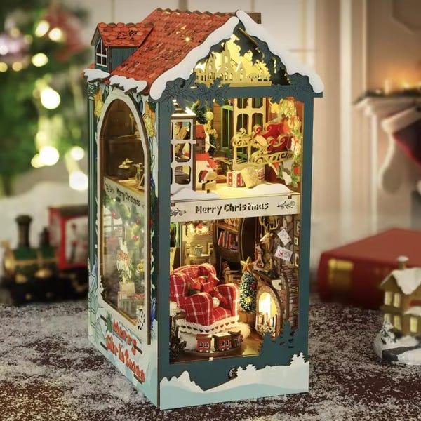 DIY Christmas Cottage Book Nook Kit | 3D Festive Puzzle Craft | Tiny Winter Shelf Insert – Handmade Wooden XMAS Assembly Set & Bookend