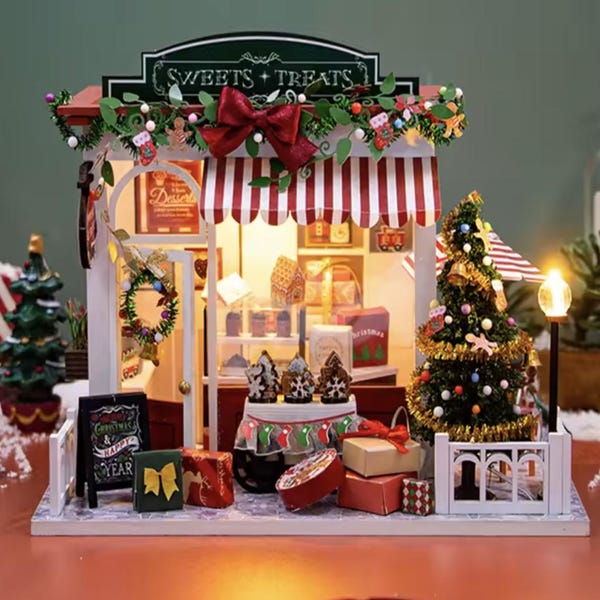 DIY Christmas Sweet Treats Book Nook Kit | 3D Holiday Bakery Puzzle Craft | Festive Dessert Shop Shelf Insert – Wooden Assembly Bookend Set