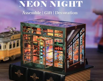 DIY Hong Kong Neon Night Book Nook Kit | 3D Stadt Strasse Puzzle Handwerk | Cyberpunk Alley Regaleinsatz - Holzbaukasten & Urban Geschenk