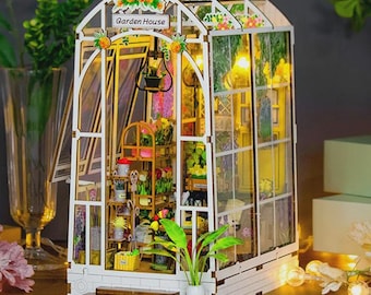 DIY Garden House Book Nook – Miniature Shelf Insert Kit with LED Lights, Wooden Flower Room Dollhouse, Cozy Garden Scene Craft Gift