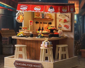 Miniatures miniatures à faire soi-même Mini Japanses Sushi Shop – Décoration de fleurs de cerisier et bar à sushis | Créations 3D de maison de poupée japonaise pour les amateurs de cuisine