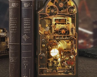 Steam & Cogs Factory Book Nook – DIY Miniature Mechanical Workshop with Gears, Pipes and Industrial Charm | 3D Steampunk Shelf Insert