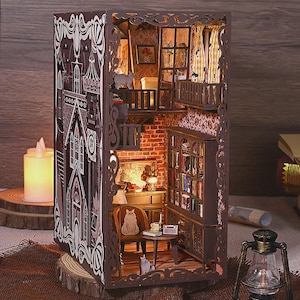 Coin livre pour appartement vintage - Mini ensemble de travaux manuels DIY - Kit de puzzle 3D Library - Déco de bureau vintage - Ensemble d'insertion d'étagères pour la maison Cosy Cat