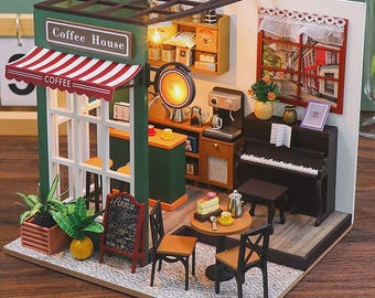 Tiny Coffee Shop Book Nook – 3D Puzzle Craft Set with Pastries, Barista Drinks & Piano | DIY Mini Shelf Insert to Assemble