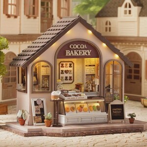 May include: A detailed miniature bakery model, featuring a brown shingled roof and the text "COCOA BAKERY". The shop has arched windows and a display case with pastries. A small chalkboard sign displays the word "CHOCOLAT".