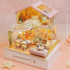 Zestaw DIY Sweetheart Dreamhouse – uroczy różowy domek dla lalek dla dziewczynek z meblami | Drewniany zestaw rzemieślniczy 3D dla dzieci i kolekcjonerów