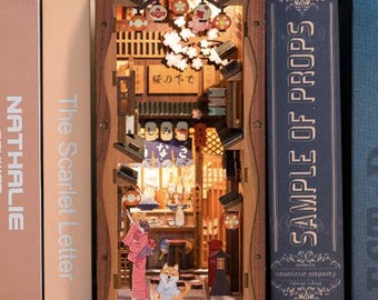 DIY Japanese Street Book Nook | 3D Wooden Sakura Blossom Craft Kit | Traditional Dollhouse Bookend Shelf Insert Assembly Project Set