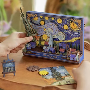 The Starry Night Wall Art | DIY Moving 3D Wooden Puzzle with LED Light and Gears | Interactive Desk Decor & Book Nook Craft Set