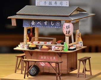 DIY BBQ-frukostbokskit – Mini japansk sushibar | Handgjort 3D-pusselset | Hyllinsats och bokstöd till dockhuscafé, present