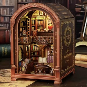 Op de afbeelding: Een gedetailleerd miniatuur houten boekwinkelmodel met kleine boekenplanken, een leeshoek en binnenverlichting. De buitenkant heeft een boogvormig ontwerp en de tekst "World Bookstore". Een charmant decoratief item.