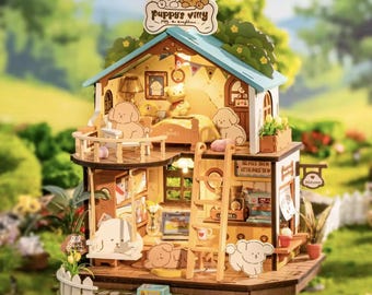 DIY Puppy's Cozy Villa Book Nook Kit | 3D Wooden Café Puzzle Craft | Handmade Dog Home Shelf Insert