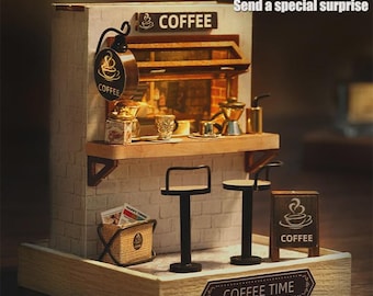 Warm Coffee Shop DIY Miniature Kit – Dark Oak Café with Pastries & Cozy Lighting | 3D Dollhouse Craft for Coffee Lovers