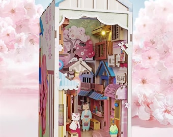Pink Japanese Street Book Nook Kit | DIY 3D Cherry Blossom Puzzle Craft | Cute Cat Alley Shelf Insert – Wooden Assembly Set & Bookend Gift