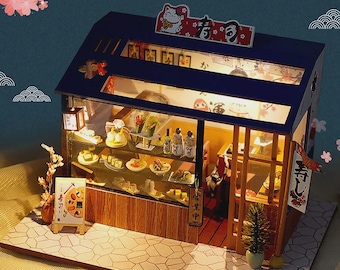 Coin livre confortable pour magasin de sushis japonais - étagère à faire soi-même dans un style japonais traditionnel, décoration de magasin de sushis miniature, cadeau pour les amateurs de sushis