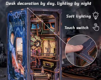 May include: A DIY book nook with a sci-fi theme. The book nook features soft lighting and a touch switch. The exterior is blue with the text "THE EYE of OLD GOD". The interior has multiple levels with detailed structures and lighting.